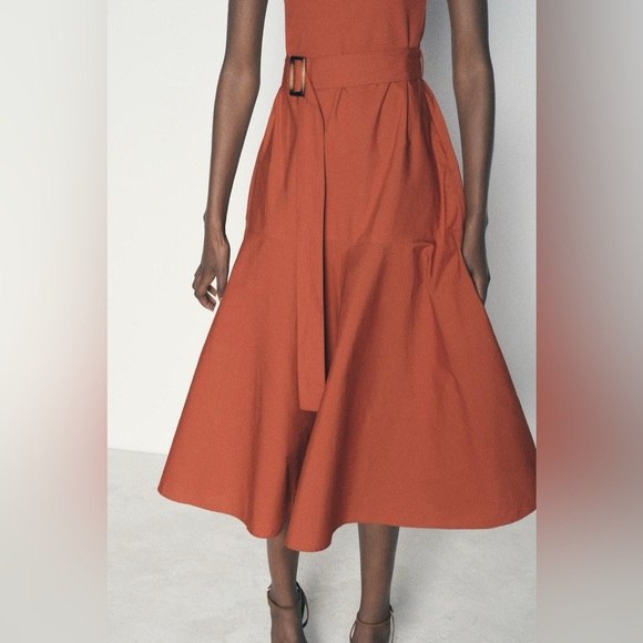 ZARA | A-line contrast rust colored belted midi dress - Picture 3 of 16